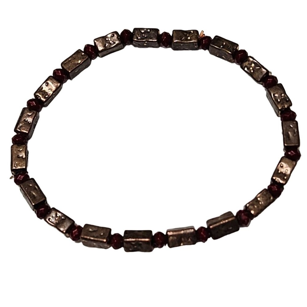 Handcrafted Rectangular Beaded Stretch Bracelet Red Gold Beads Fashion Jewelry